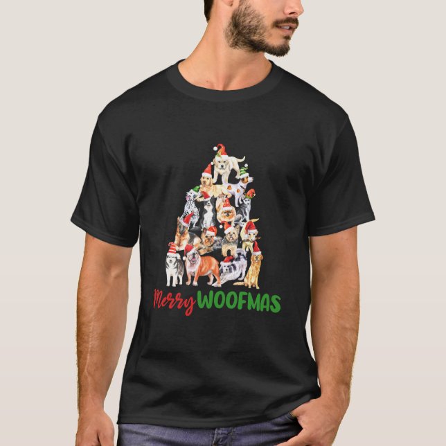 Merry Woofmas God jul Puppy Träd för Hund T Shirt (Framsida)