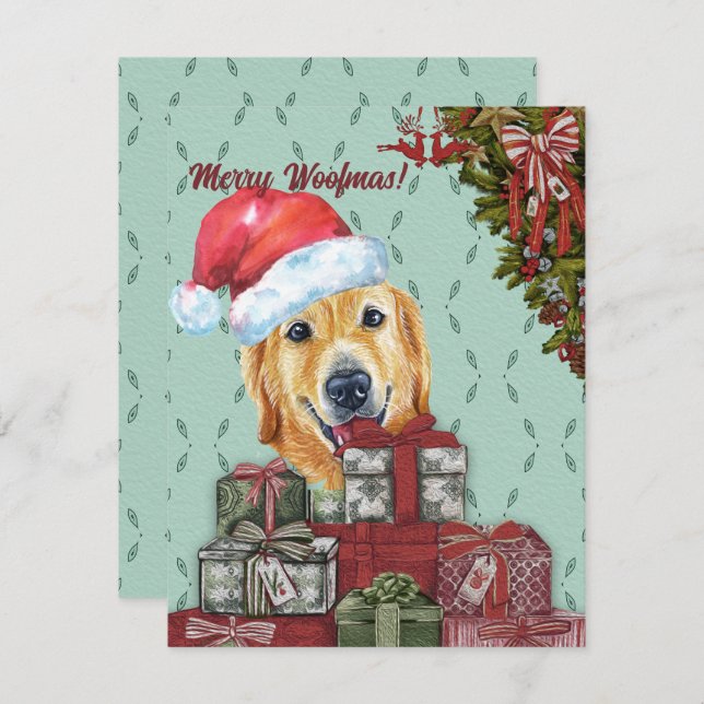 Merry Woofmas Golden Retriever Santa Hat jul Anteckningskort (Fram/baksida)