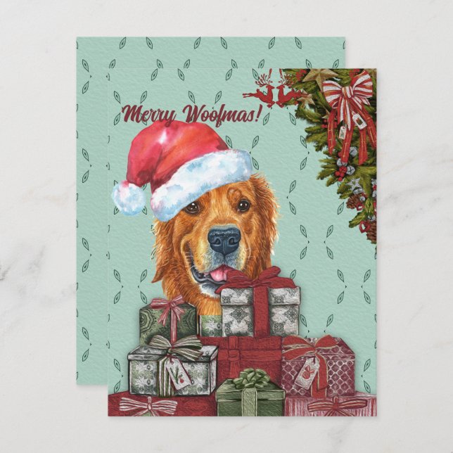 Merry Woofmas Golden Retriever Santa Hat jul Anteckningskort (Fram/baksida)