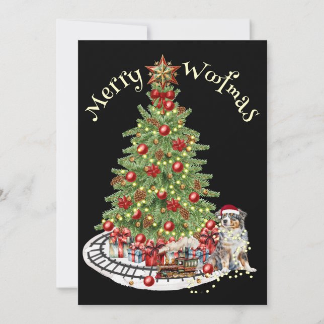 Merry Woofmas Hund design-Australian shepherd Julkort (Framsida)