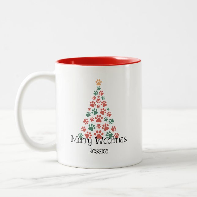 Merry Woofmas Mugg - Paw Print Julgran Kopp (Vänster)