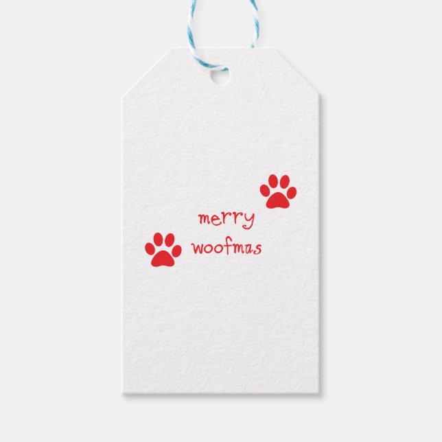 Merry Woofmas Paw Skriv ut Red Påstående Presentetikett (Framsidan)