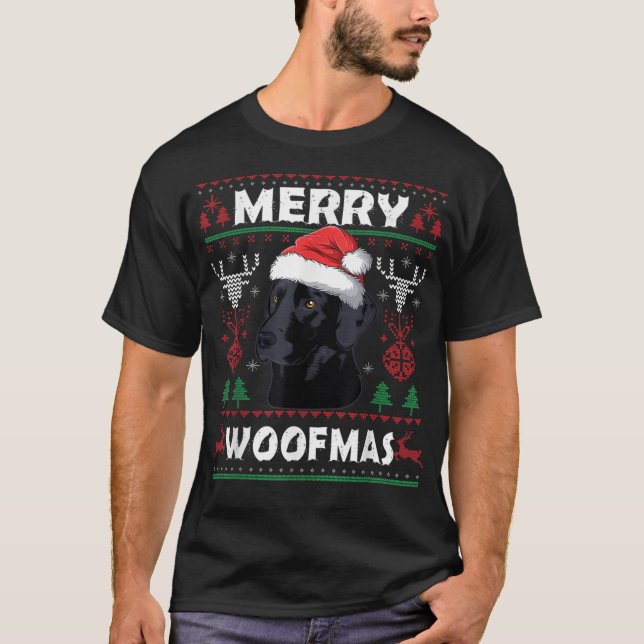 Merry Woofmas Svart lab juljul Hund L T Shirt (Framsida)