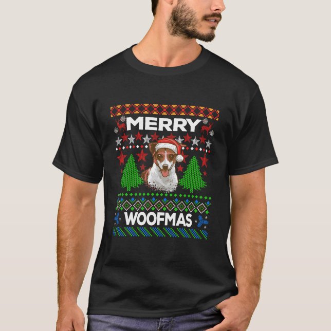 Merry Woofmas Ugly Sweater jul Jack Russell T Shirt (Framsida)