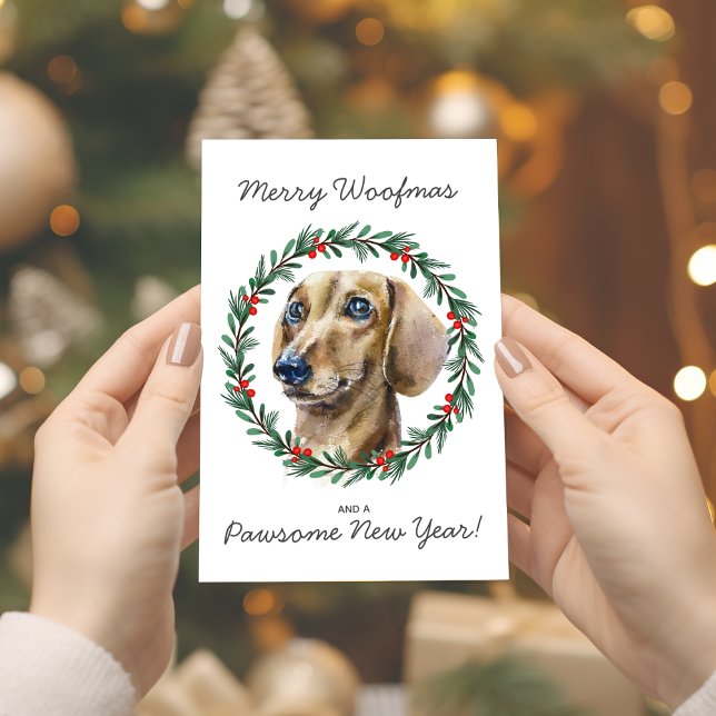 Merry Woofmas Watercolor Dachshund Wandeans Helgkort (Edit any of the text on cardfront, also verse and 'from' text inside.)