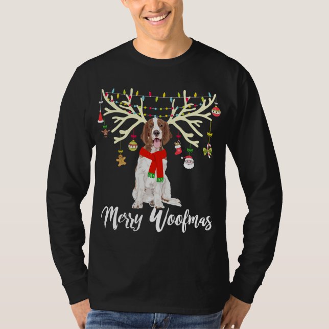 Merry Woofmas Welsh Springer spanel Reindeer Chri T Shirt (Framsida)