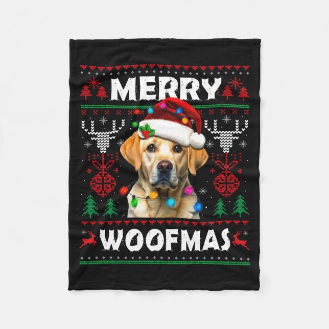 Merry Woofmas Yellow Labrador Christmas Ugly Sweat Fleecefilt (Framsidan)