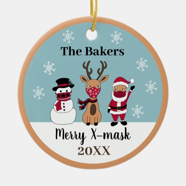 Merry X-Mask Funny Reindeer Snögubbe Santa Julgransprydnad Keramik (Framsidan)