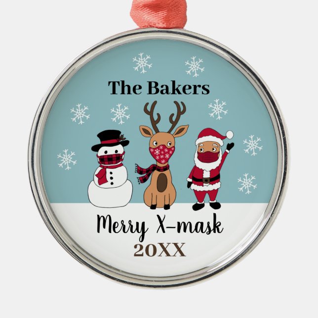 Merry X-Mask Funny Santa Reindeer Snögubbe Julgransprydnad Metall (Framsidan)