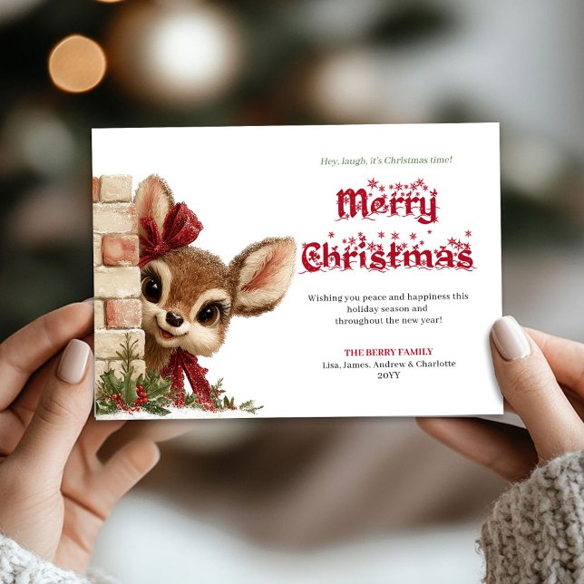 Merry Xmas peeking funny reindeer holiday card Julkort (Merry Xmas peeking funny reindeer holiday card)