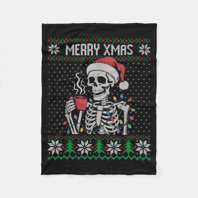 Merry Xmas Skeleton Ugly Sweater, Skull Wearing Sa Fleecefilt (Framsidan)