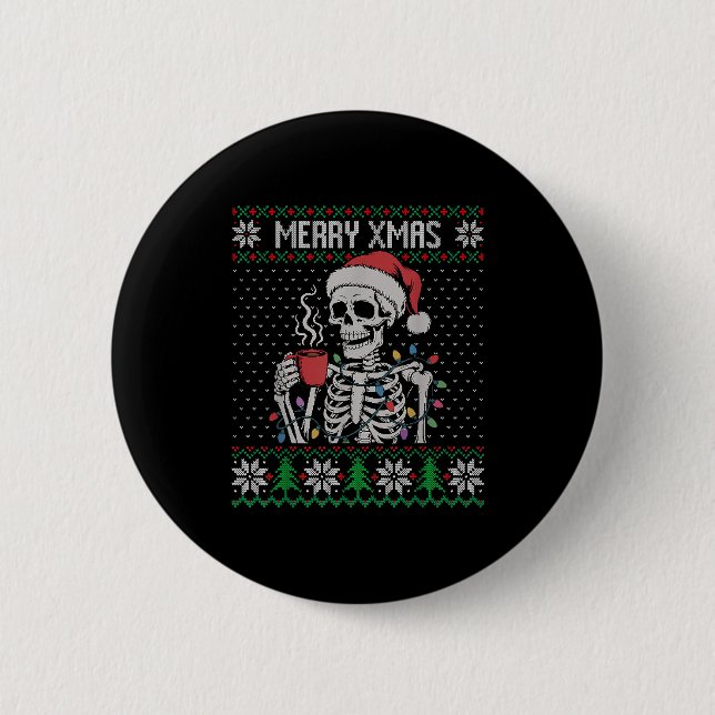 Merry Xmas Skeleton Ugly Sweater, Skull Wearing Sa Knapp (Framsida)