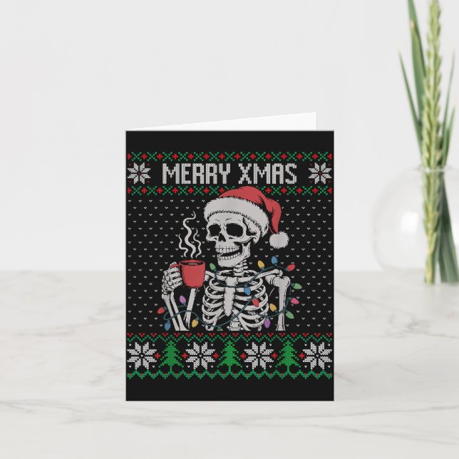 Merry Xmas Skeleton Ugly Sweater, Skull Wearing Sa Kort (Framsida)