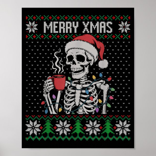 Merry Xmas Skeleton Ugly Sweater, Skull Wearing Sa Poster (Framsidan)