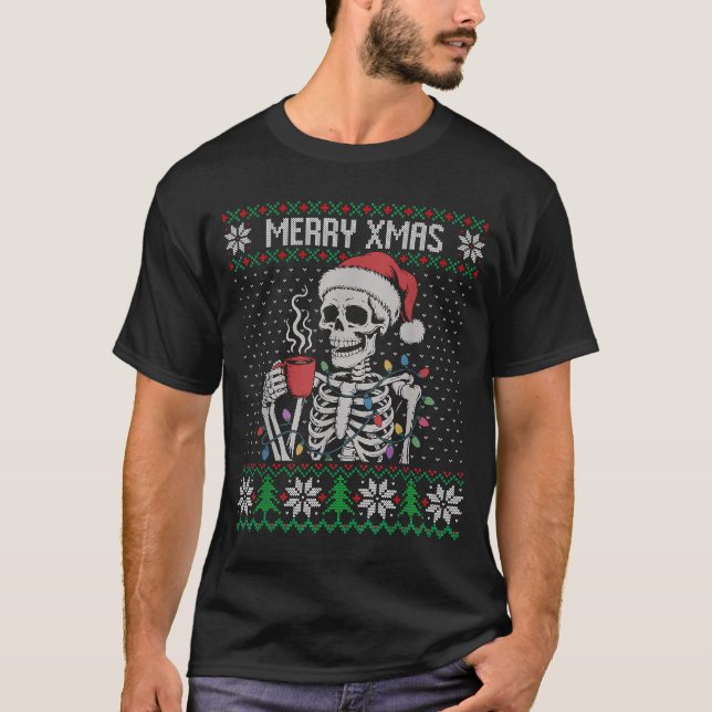Merry Xmas Skeleton Ugly Sweater, Skull Wearing Sa T Shirt (Framsida)