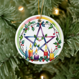 Merry Yule Festive Pentacle Winter Wiccan Helgdag Julgransprydnad Keramik