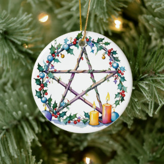 Merry Yule Festive Pentacle Winter Wiccan Helgdag Julgransprydnad Keramik