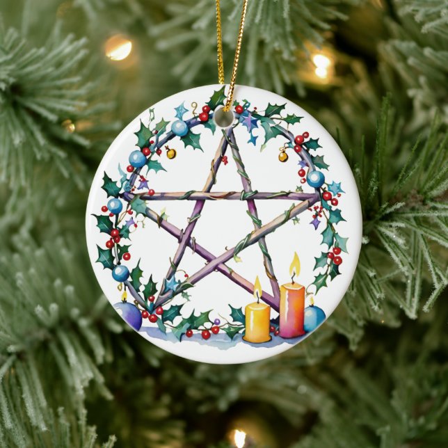 Merry Yule Festive Pentacle Winter Wiccan Helgdag Julgransprydnad Keramik (Träd)