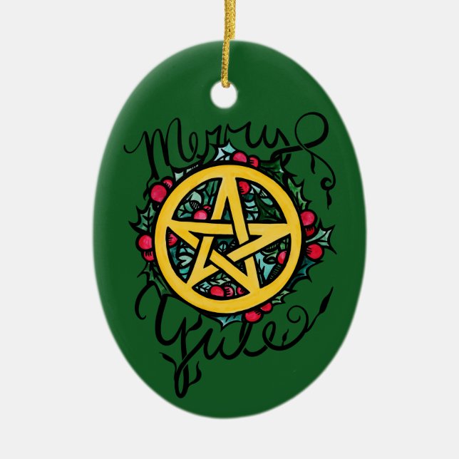 Merry Yule Pentacle Pentagram Witchcraft Art Julgransprydnad Keramik (Framsidan)
