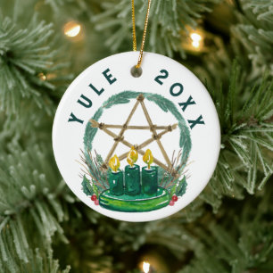 Merry Yule Winter Solstice Wiccan Festive Pentacle Julgransprydnad Keramik