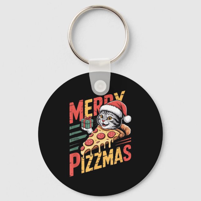 Merry Zzmas Christmas Cat Funny Zza Lover Xmas Cat Nyckelring (Framsida)