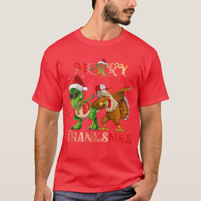 Merryhanksmas Dinosaururkey Rapper Dabbing family T Shirt (Framsida)