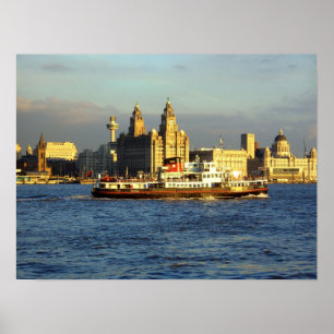 Mersey Ferry med Liverpool Waterfront utanför Poster