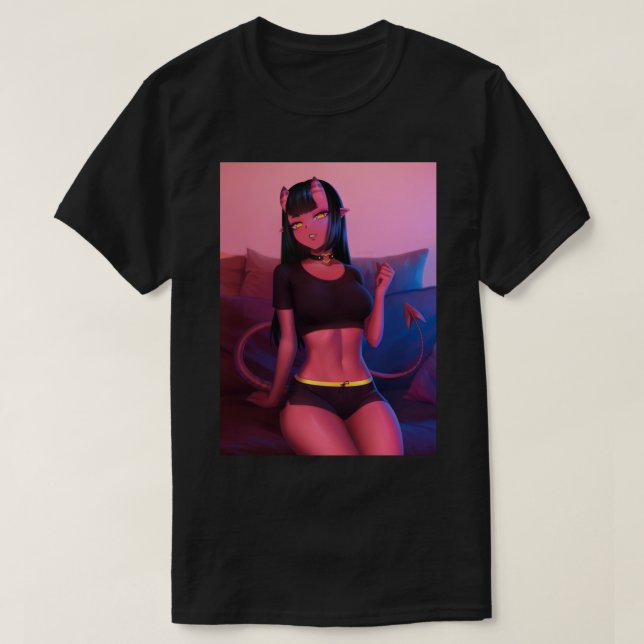Meru the Succubus Meru the Demon Girl Black Borde T Shirt (Design framsida)