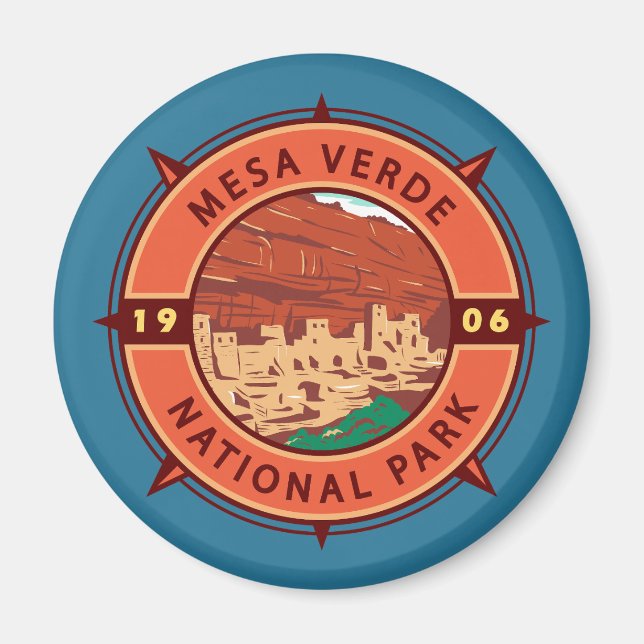 Mesa Verde National Park Retro Compass Emblem Magnet (Framsidan)