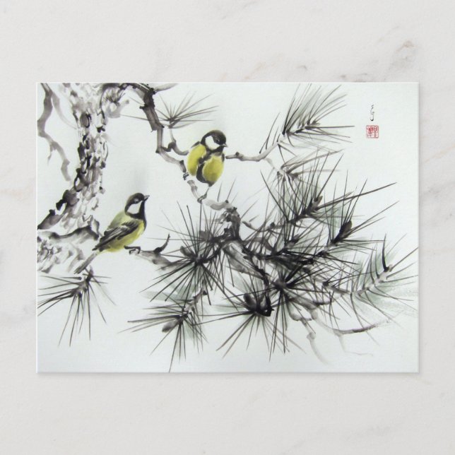 Mésanges aquarelle chinoise vykort (Framsida)