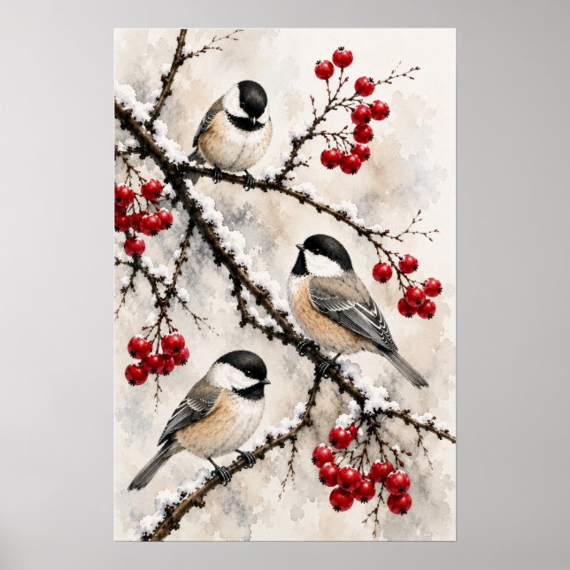 Mesar i snötäcka grenar med röda bär poster (Framsidan)