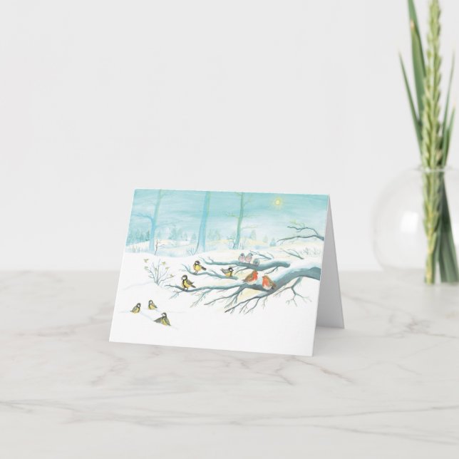 Mesar, Rödhake & Vinter Snöig Skog Helgkort (Framsida)