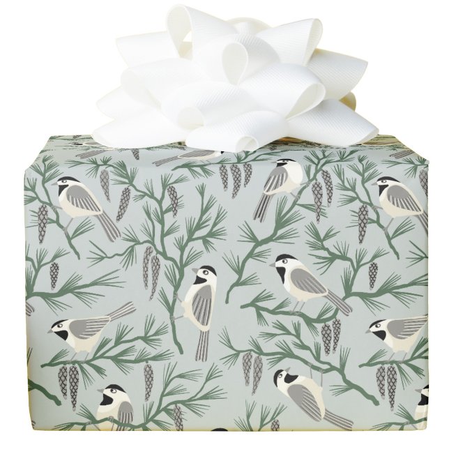 Mesartsydd Chickadee-fågel Tall Konst & Hantverk Presentpapper (Chickadee bird White Pine branches botanical Arts and Crafts inspired gift wrapping paper roll)