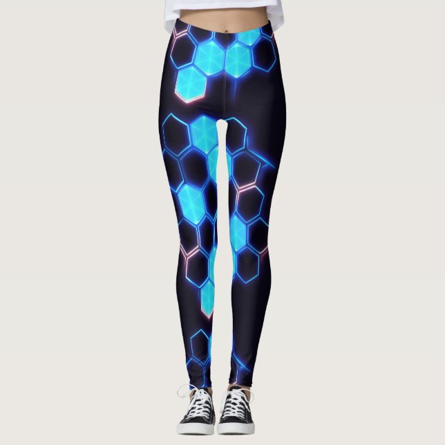 Mesmeriing Holograf Cyberpunk Hexagon Tiles Leggings (Framsida)