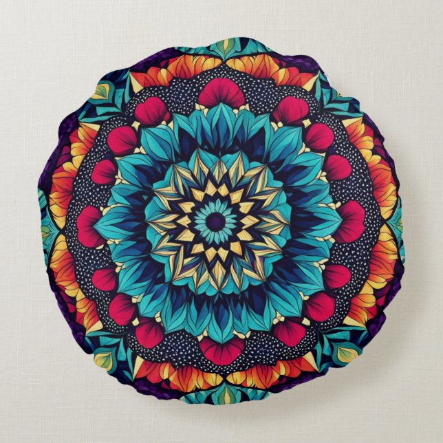 Mesmerizing Jewel Tone Kaleidoscope Round Pillow Rund Kudde (Baksidan)