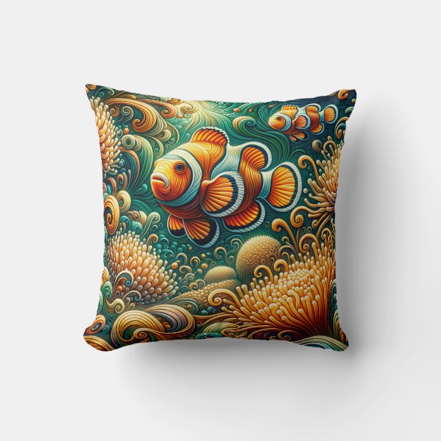 "Mesmerizing Teal & Orange Clownfish Coral Reef" Kudde (Framsida)