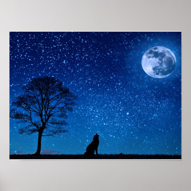 Mesmerizing Wolf Howling on the Moon Poster (Framsidan)