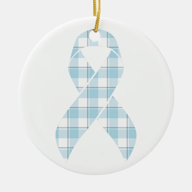 Mesothelioma Awareness Plaid Light Blue Ribbon Julgransprydnad Keramik (Framsidan)