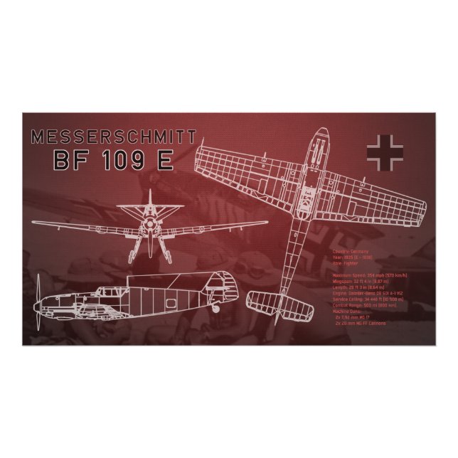 Messerschmitt Bf 109 Blueprint Fototryck (Framsidan)