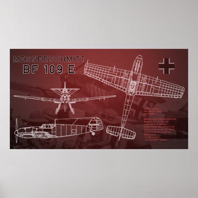 Messerschmitt Bf 109 Blueprint Poster (Framsidan)