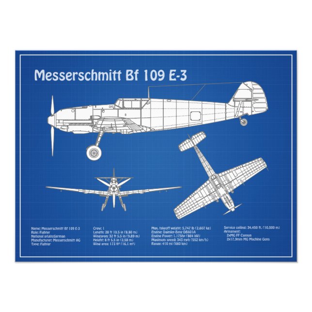 Messerschmitt Bf 109 - Flygplanets blåkopia ABD Fototryck (Framsidan)