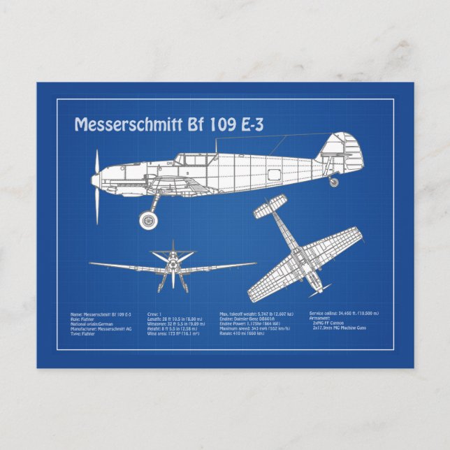 Messerschmitt Bf 109 - Flygplanets blåkopia ABD Vykort (Framsida)
