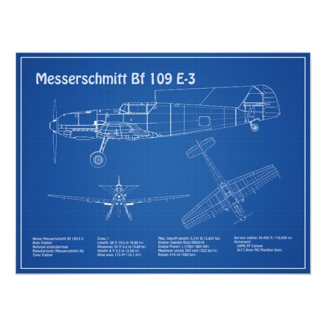 Messerschmitt Bf 109 - Flygplanets blåkopia AD Fototryck (Framsidan)