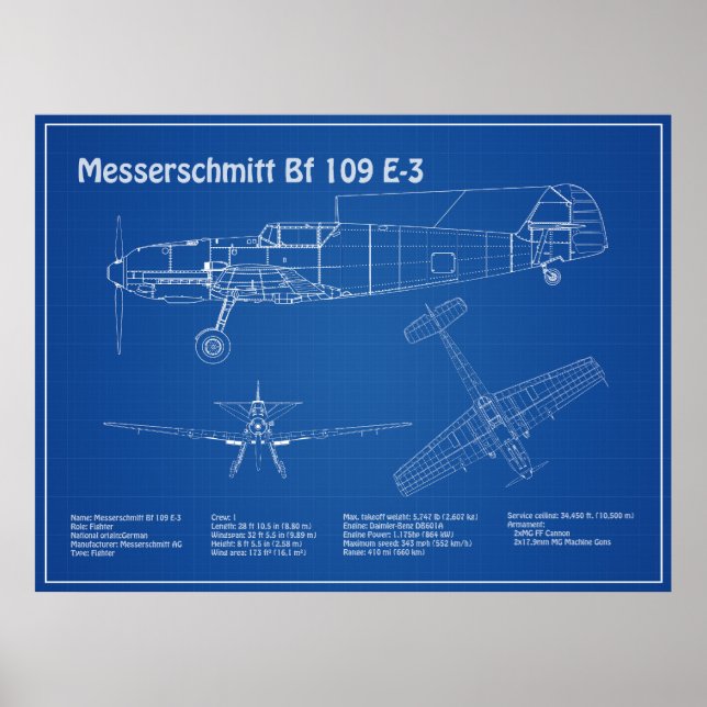 Messerschmitt Bf 109 - Flygplanets blåkopia AD Poster (Framsidan)