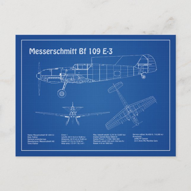 Messerschmitt Bf 109 - Flygplanets blåkopia AD Vykort (Framsida)