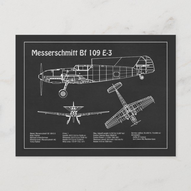 Messerschmitt Bf 109 - Flygplanets utkast PD Vykort (Framsida)