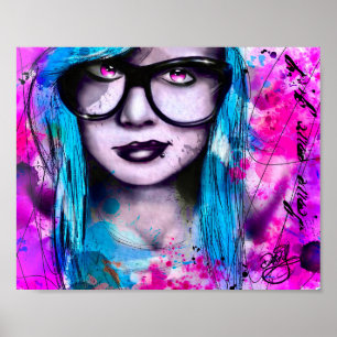 Messy Blue Emo Girl med glasögon Poster