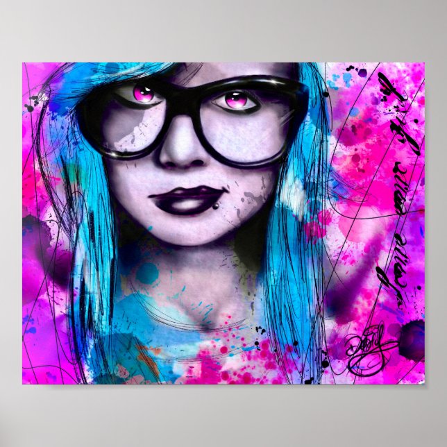 Messy Blue Emo Girl with Glasses Poster (Framsidan)