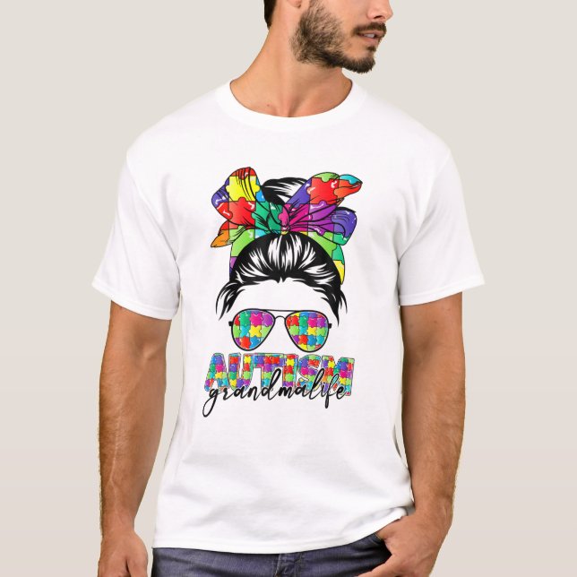 Messy Bun Bandana Grandma Supportive Women Autism T Shirt (Framsida)