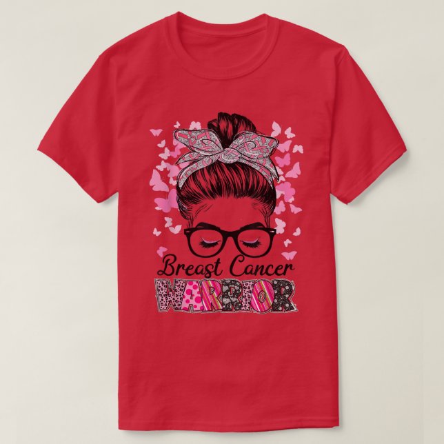 Messy Bun Breast Cancer Warrior Butterfly Cancer A T Shirt (Design framsida)